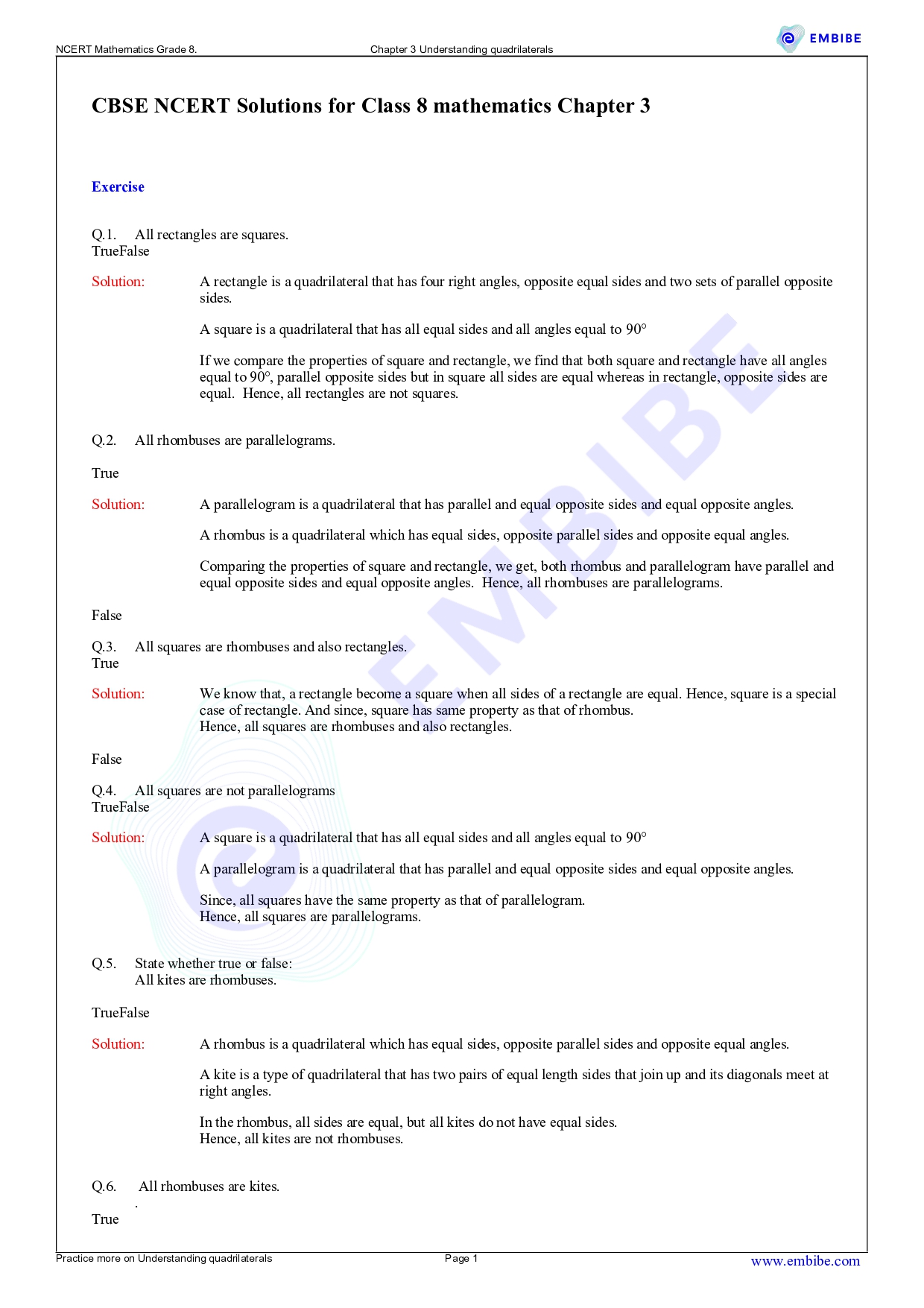 NCERT Solutions for Understanding Quadrilaterals Exercise 3.4 Class 8 Maths