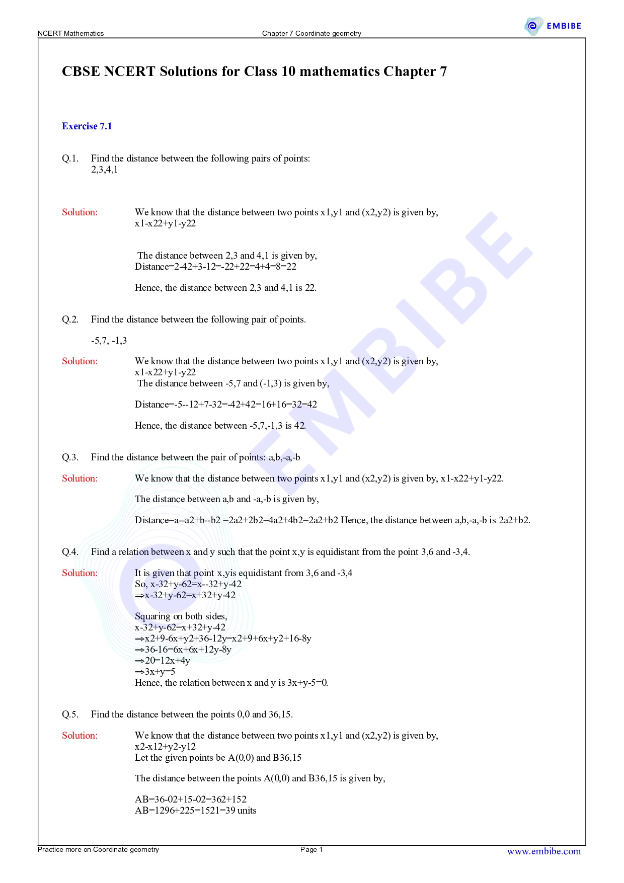 NCERT Solutions for Coordinate Geometry Exercise 7.2 Class 10 Maths